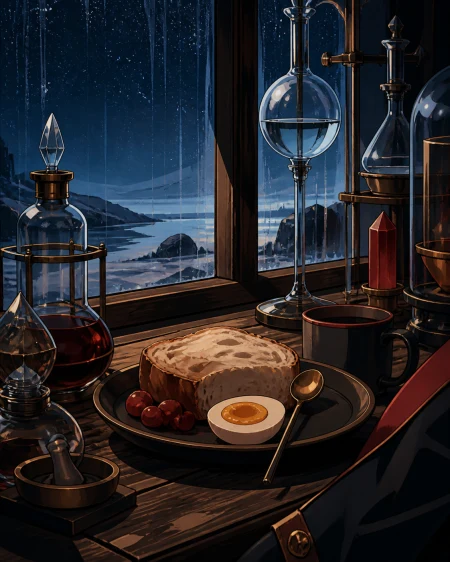 A traveling alchemist's breakfast arranged among curious glass instruments, arranged on a worn wooden counter beside a rain-streaked window. Intimate close-up with shallow depth an