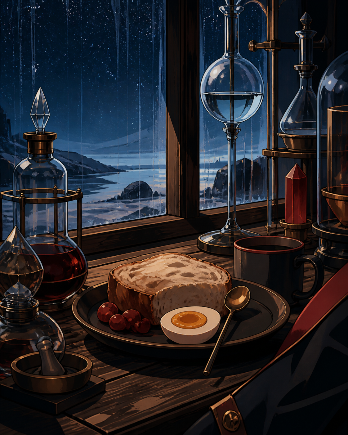 A traveling alchemist's breakfast arranged among curious glass instruments, arranged on a worn wooden counter beside a rain-streaked window. Intimate close-up with shallow depth and layered foreground details. Pine black