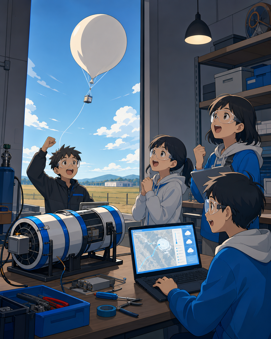 A science-club team launching a homemade weather balloon from a field, when the invention succeeds in a surprising but useful way. Workbench-wide scene showing builders, invention, and result. Soft monochrome with a sing