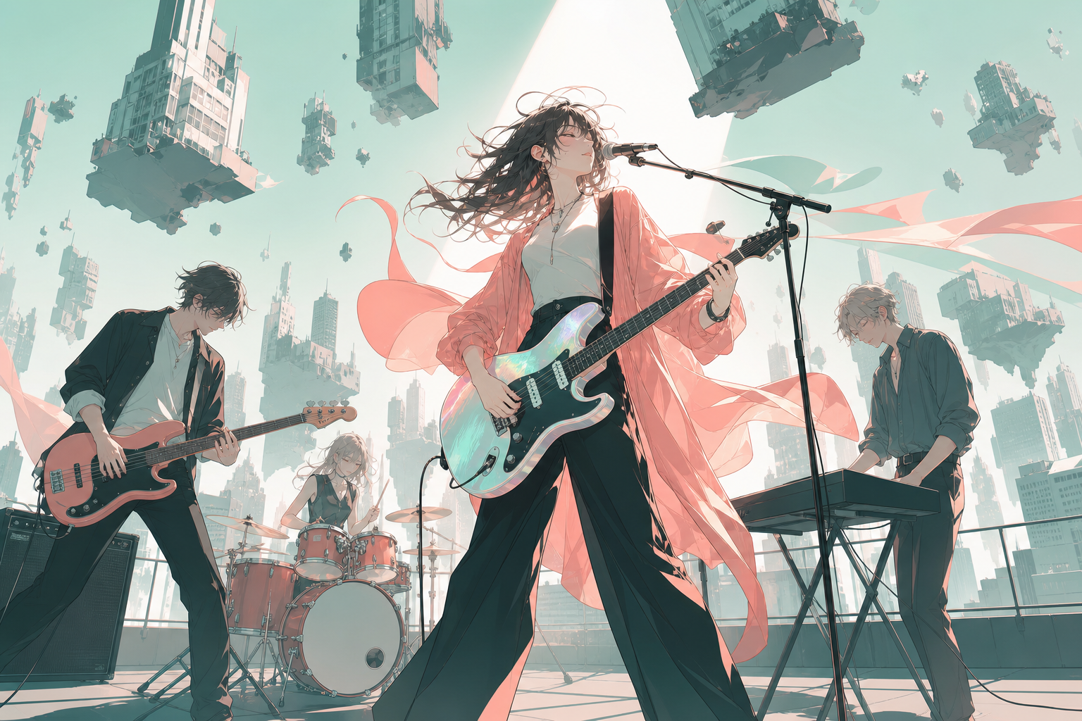 A rooftop rock band playing while the surrounding city slowly levitates, during a rehearsal that unexpectedly becomes magical. Dynamic stage-wide frame with movement radiating from the lead performer. Celadon, coral pink