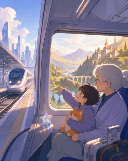 A child and grandparent sharing a window seat through mountain country, as the route crosses from a modern city into an enchanted countryside. Platform-wide composition with the ar