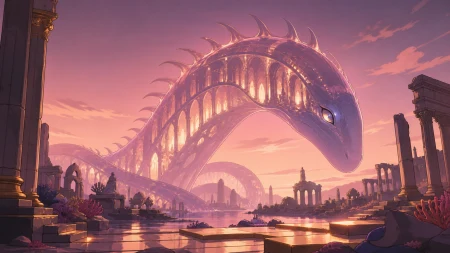 A translucent deep-sea serpent whose bones resemble a cathedral, resting beside traces of an ancient civilization at dawn. Low-angle encounter framed by terrain and atmospheric dep