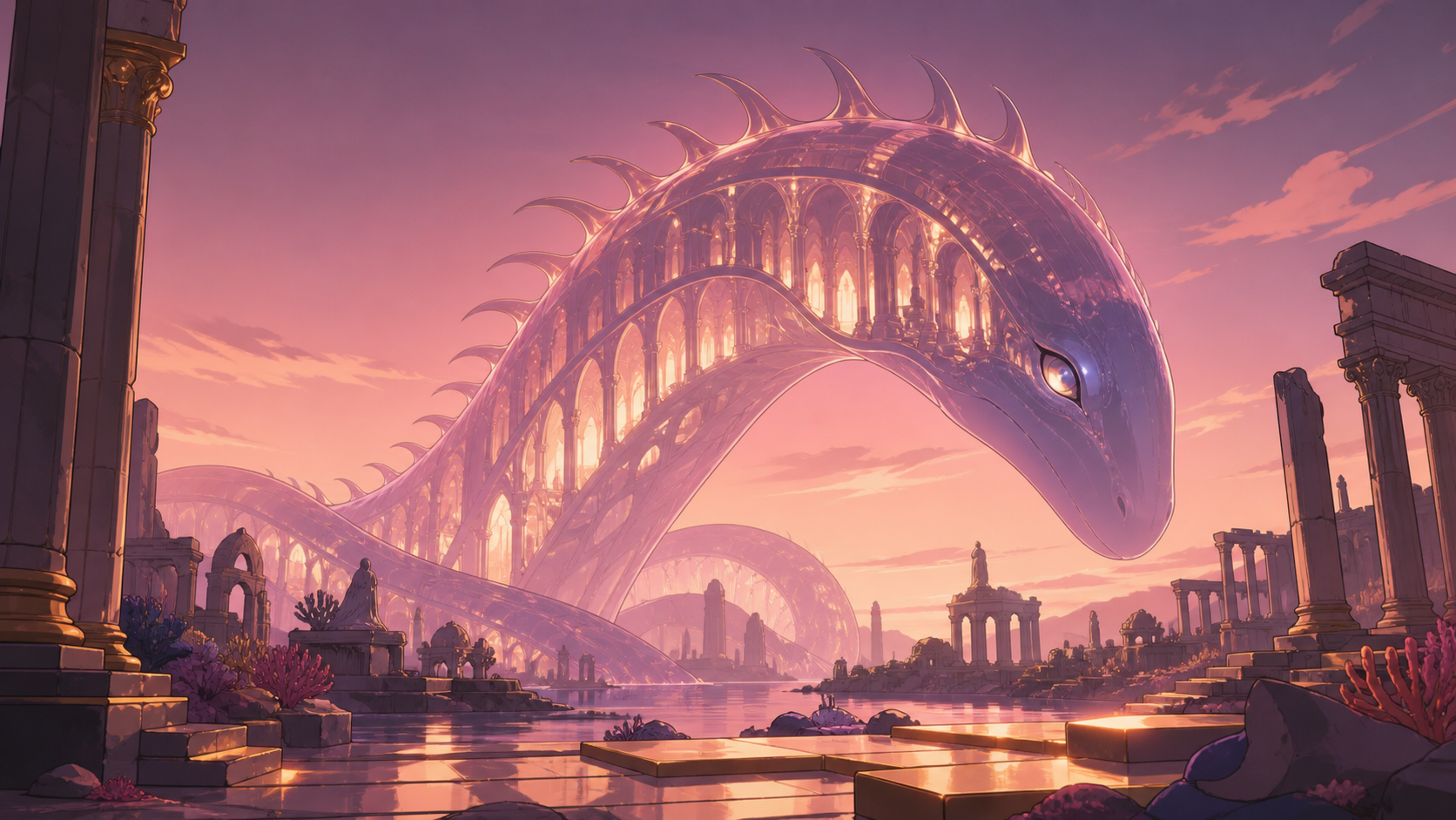 A translucent deep-sea serpent whose bones resemble a cathedral, resting beside traces of an ancient civilization at dawn. Low-angle encounter framed by terrain and atmospheric depth. Muted rose, parchment, muted plum, a