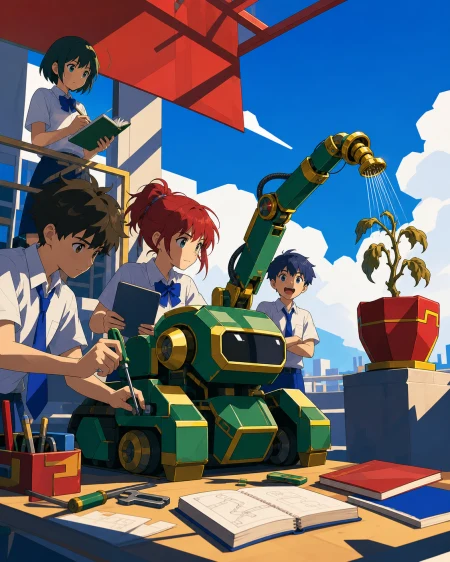 Schoolchildren building a robot that waters one stubborn rooftop plant, on the final afternoon before a school exhibition. Workbench-wide scene showing builders, invention, and res