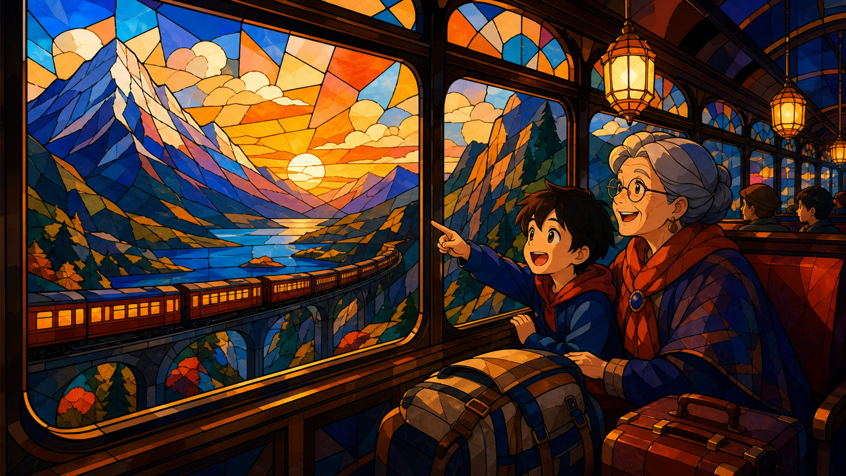 A child and grandparent sharing a window seat through mountain country, during a long golden evening with changing reflections on the windows. Exterior travel vista following the railway through varied terrain. Cobalt, p