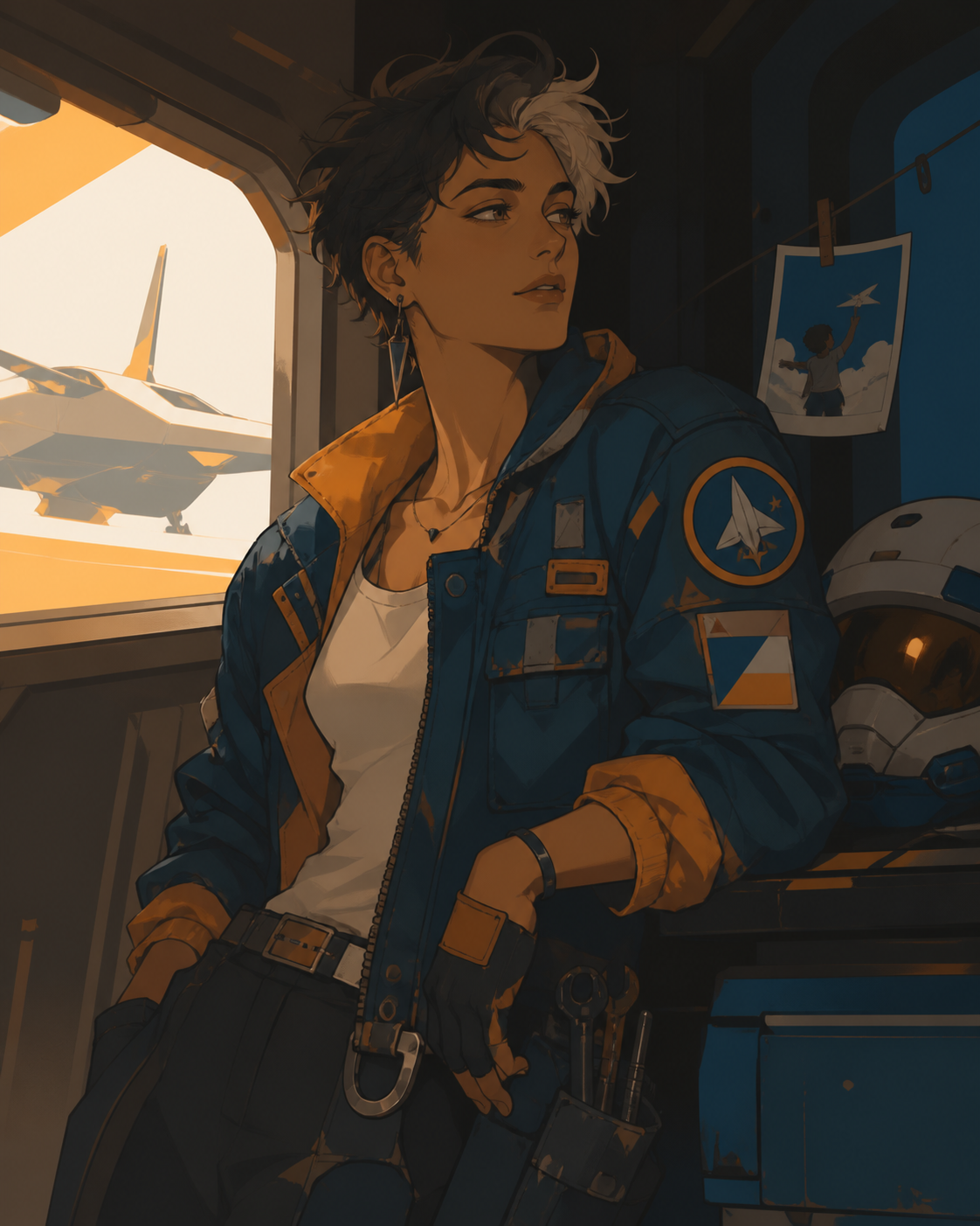 An adult nonbinary spacecraft mechanic wearing a patched flight jacket, surrounded by a few objects that quietly reveal their history. Intimate waist-up portrait with unusual negative space and environmental context. Saf