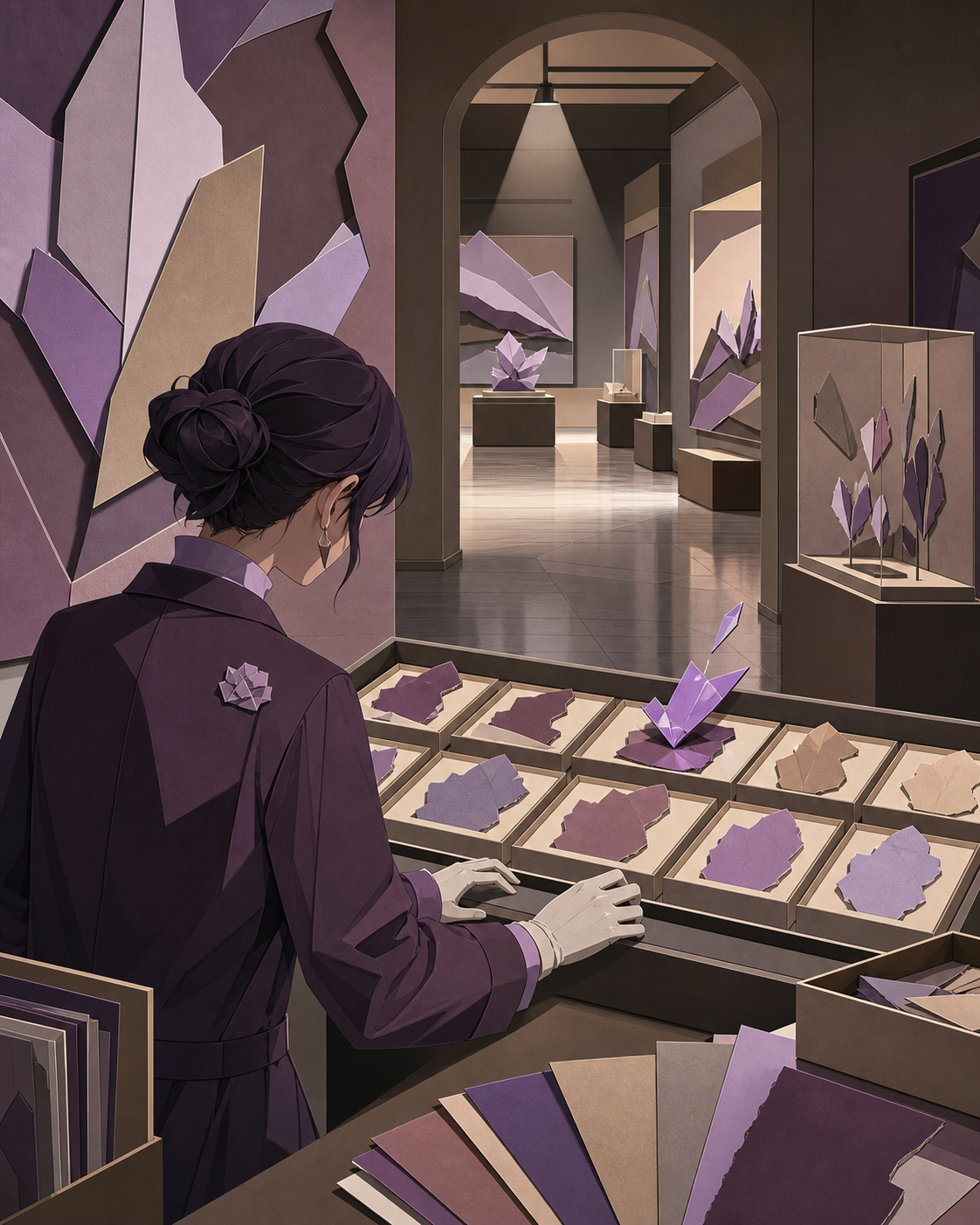 A curator preparing an exhibition of colors that no longer exist outdoors, at the instant one carefully arranged display breaks its established rule. Over-the-shoulder conservation view revealing several gallery depths. 
