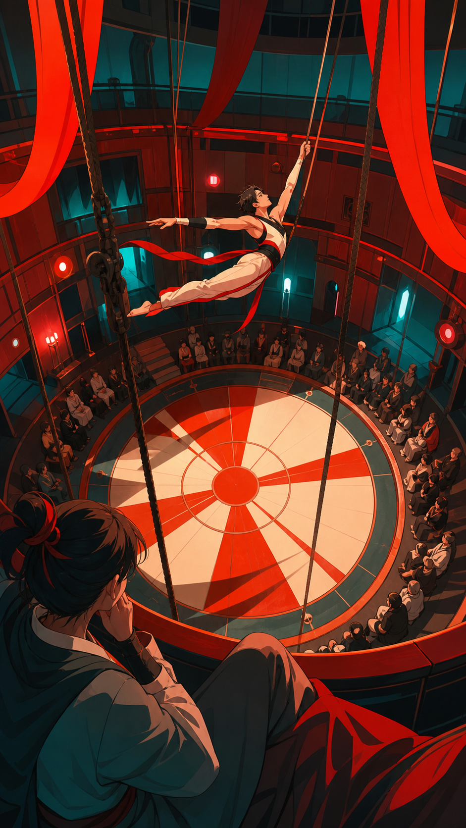 An acrobat performing above a quiet audience in a circular desert pavilion, seen from an unusual seat close enough to feel intimate. High balcony view turning choreography into clear graphic patterns. Vermillion, charcoa