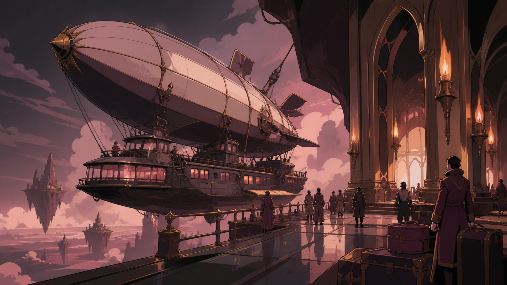 A weather-beaten airship ferry serving remote floating islands, arriving at an extraordinary terminal during difficult weather. Grand three-quarter vehicle view embedded naturally in its route. Muted rose, parchment, mut