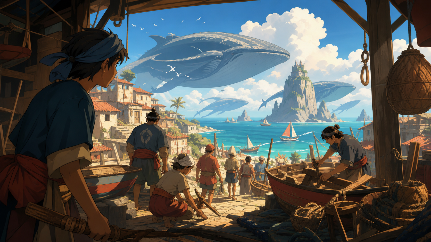 A coastal village preparing for the annual arrival of gentle sea giants, at the first view of a destination reached after a long journey. Wide travel vista with a clear route from foreground to destination. Clay red, sag