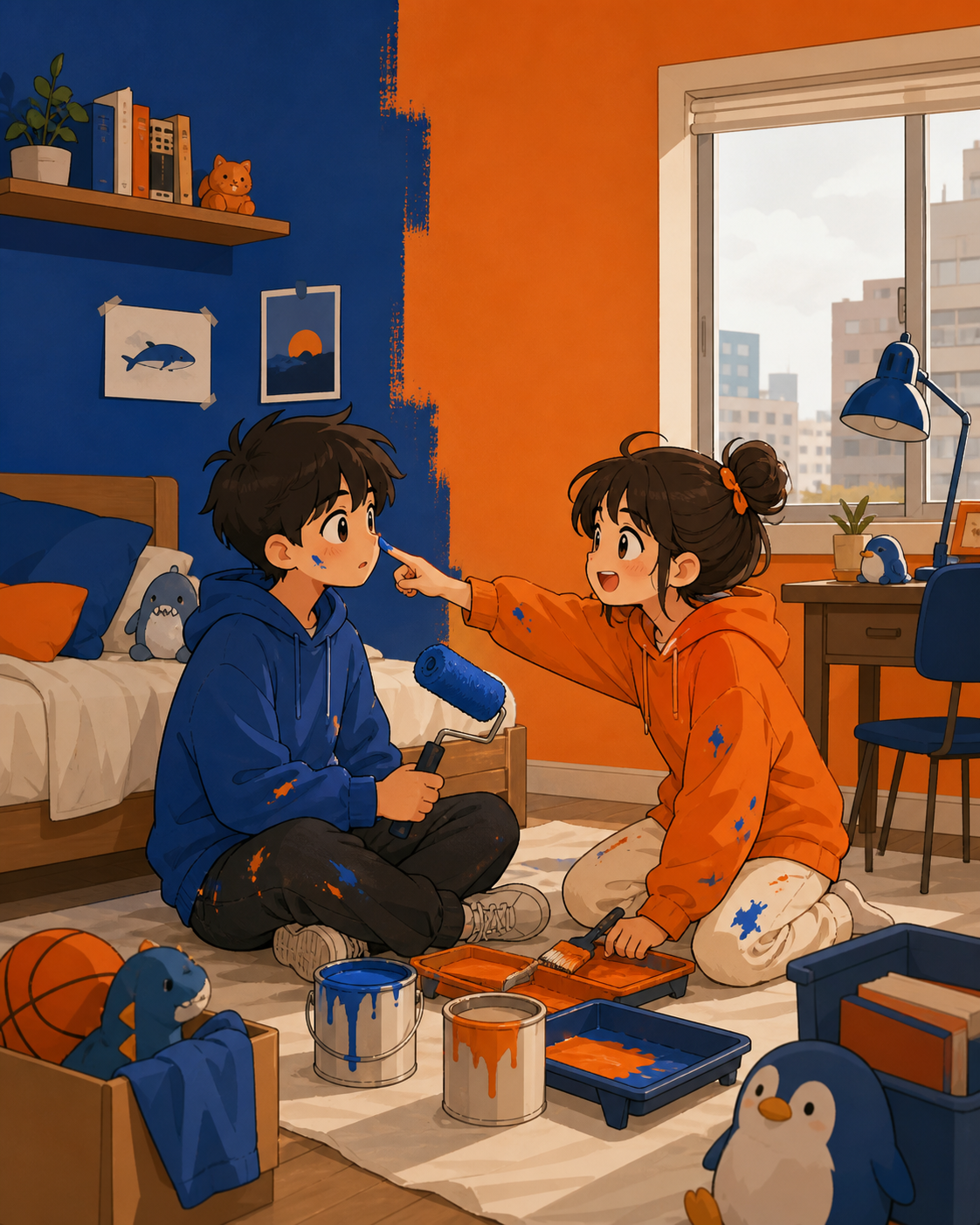 Teen siblings repainting their shared bedroom in clashing colors, as one simple gesture resolves an unspoken misunderstanding. Wide quiet frame allowing meaningful space around the friends. Cobalt, persimmon orange, warm