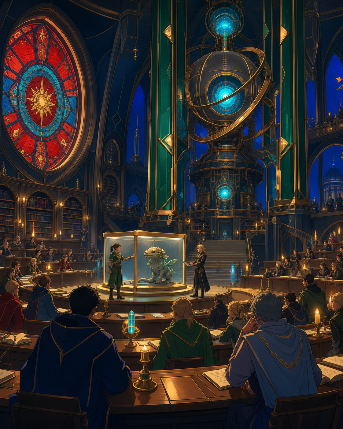 Adult field researchers presenting a newly discovered harmless creature to their class, during an ordinary lesson complicated by one unexpected result. Library perspective following a visual trail through several study z