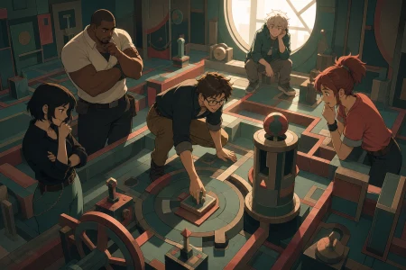 An adult puzzle designer testing a room-sized mechanical maze, shown through reactions and relationships rather than a view of the rules. Overhead-leaning social composition center