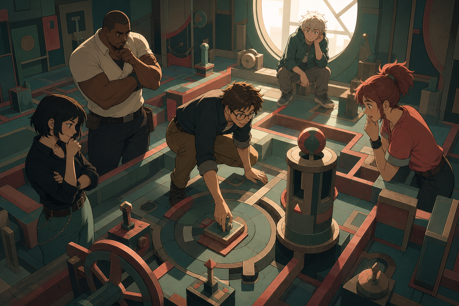 An adult puzzle designer testing a room-sized mechanical maze, shown through reactions and relationships rather than a view of the rules. Overhead-leaning social composition centered on one decisive move. Sea-glass green