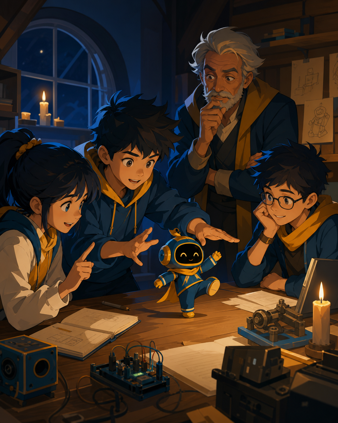 Young coders teaching a tiny arcade mascot to dance, as an older mentor realizes the students solved the problem differently. Workbench-wide scene showing builders, invention, and result. Saffron, peacock blue, dark umbe