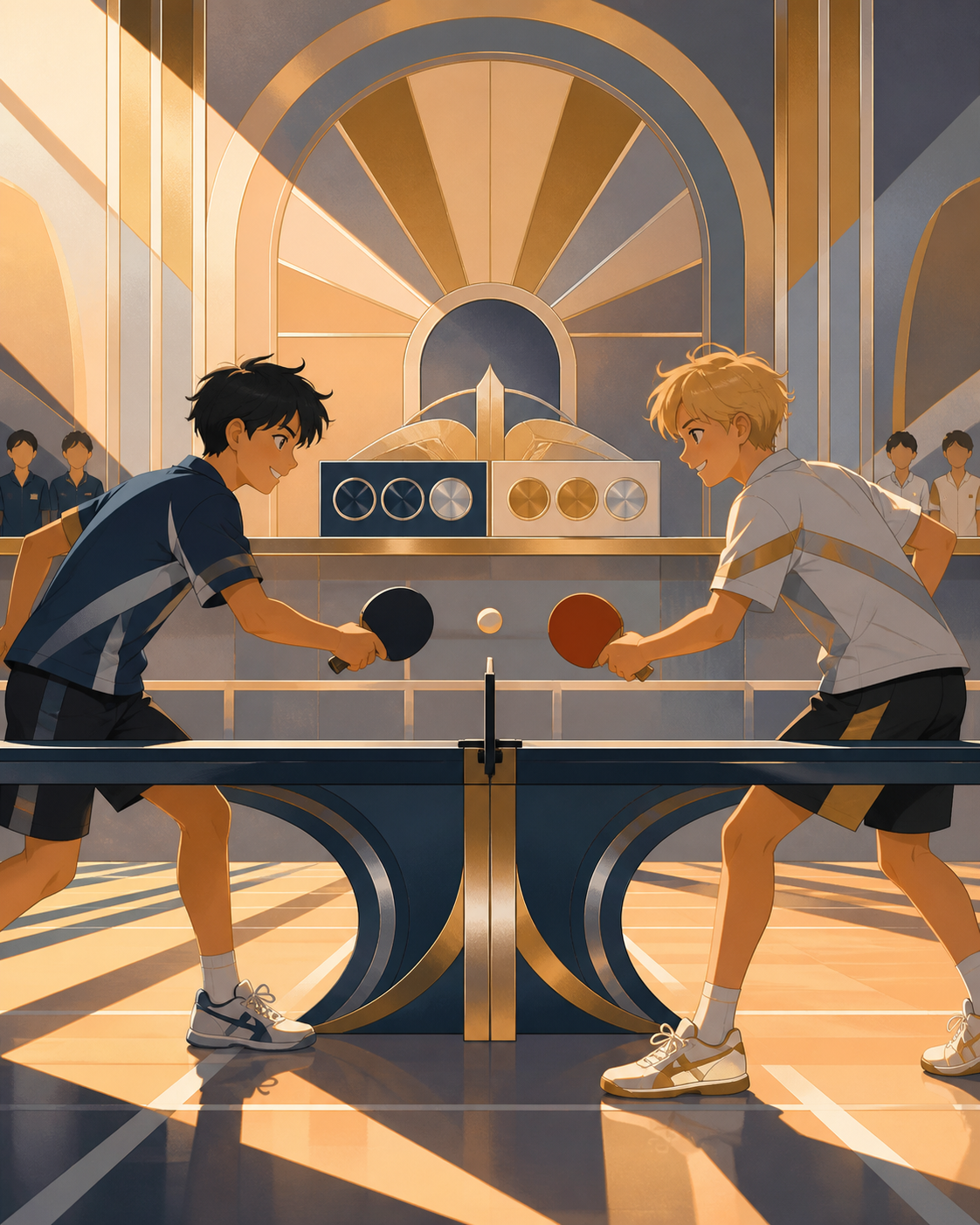 Teen table-tennis rivals smiling during a difficult rally, after an unexpected result brings both sides together. Side-on sports frame preserving accurate body mechanics. Sun-bleached peach, desert ochre, cool shadow blu
