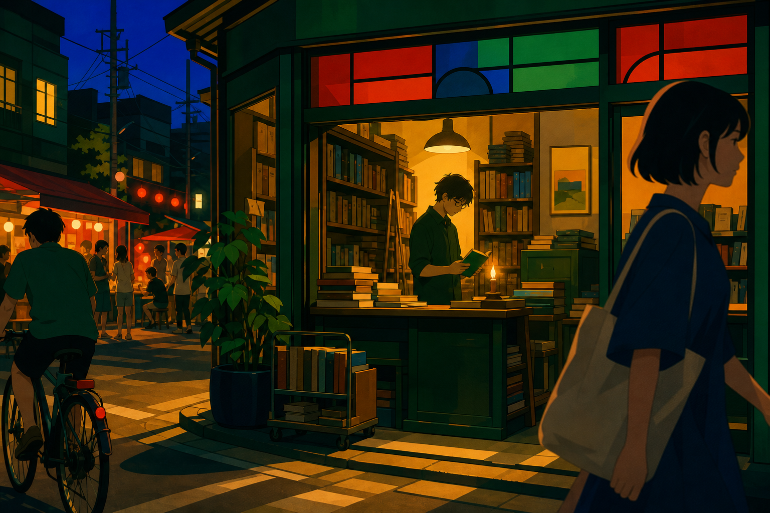 The owner of a tiny used-book shop closing long after midnight, during a humid summer evening alive with ordinary neighborhood activity. Observational street-level frame with foreground movement and a clear focal story. 