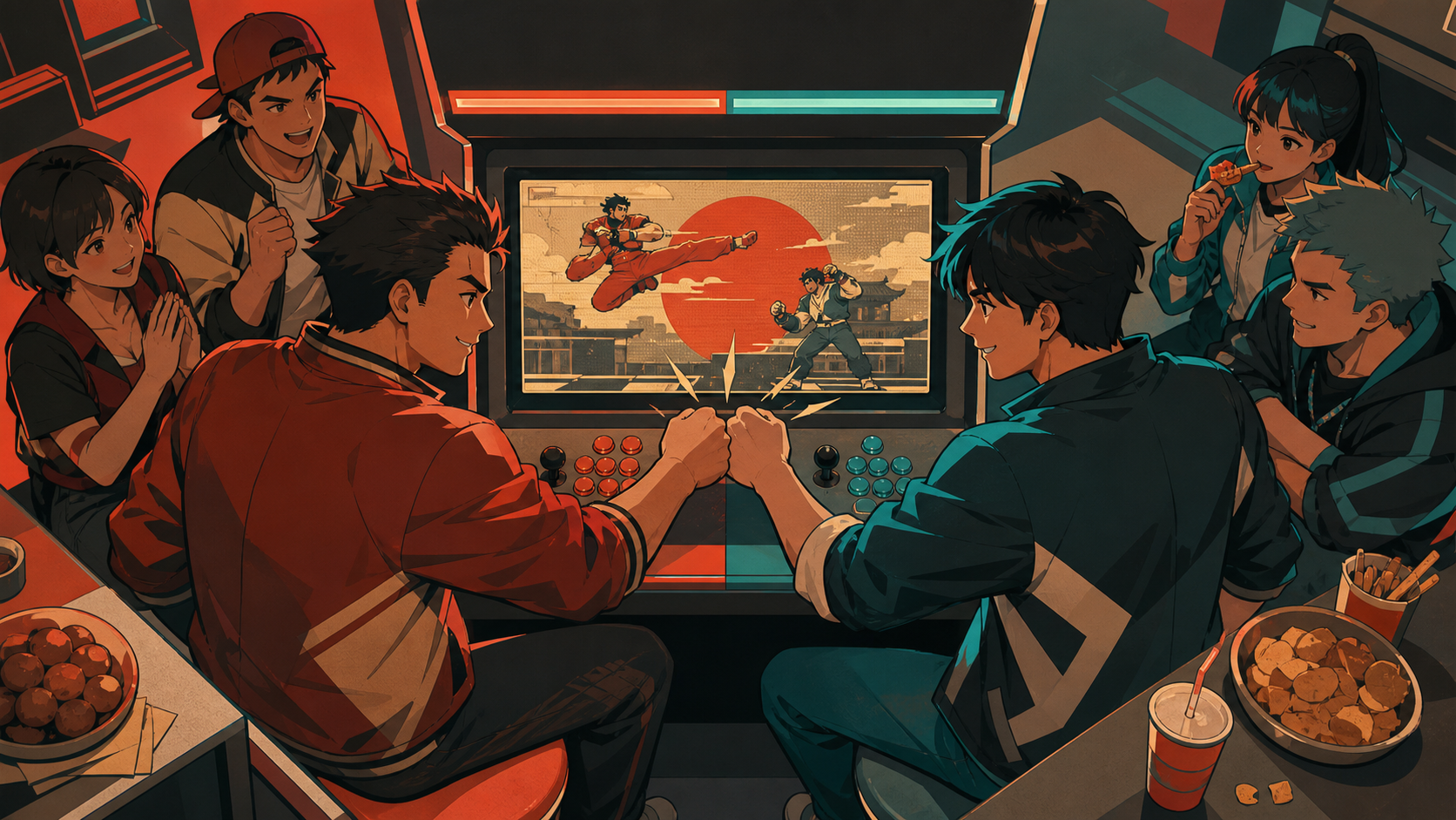 Two rival arcade champions meeting for a friendly rematch after many years, in a relaxed social setting with several connected small moments. Overhead-leaning social composition centered on one decisive move. Vermillion,