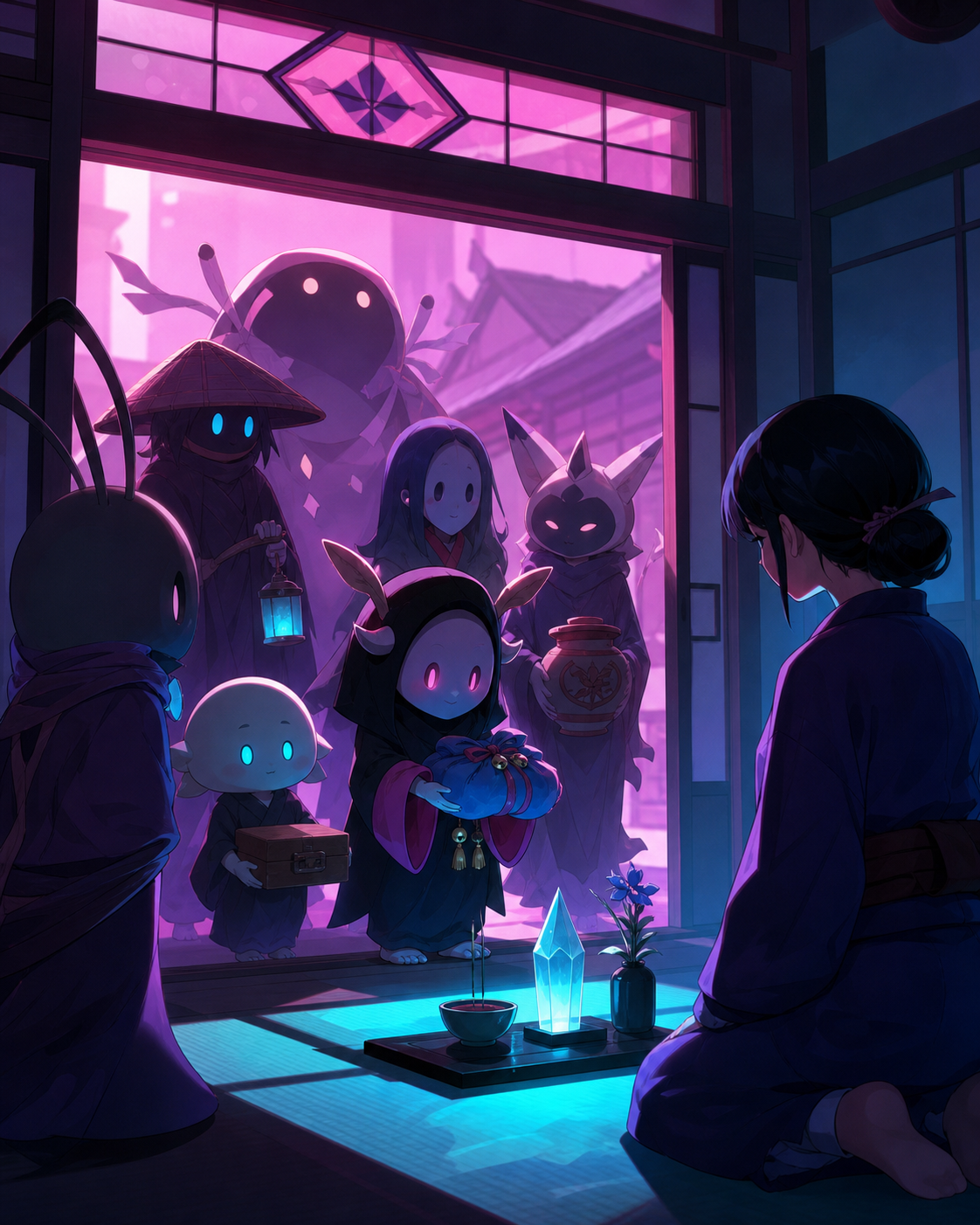 A procession of forgotten household spirits returning borrowed objects, performing a small ritual whose meaning is revealed through objects. Storybook narrative scene with a clear beginning and implied aftermath. Saturat