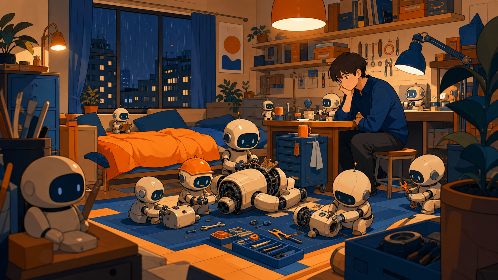 A cluttered bedroom workshop where miniature robots repair one another, during a rainy evening with every warm light switched on. Cozy eye-level view with foreground objects framing the scene. Cobalt, persimmon orange, w
