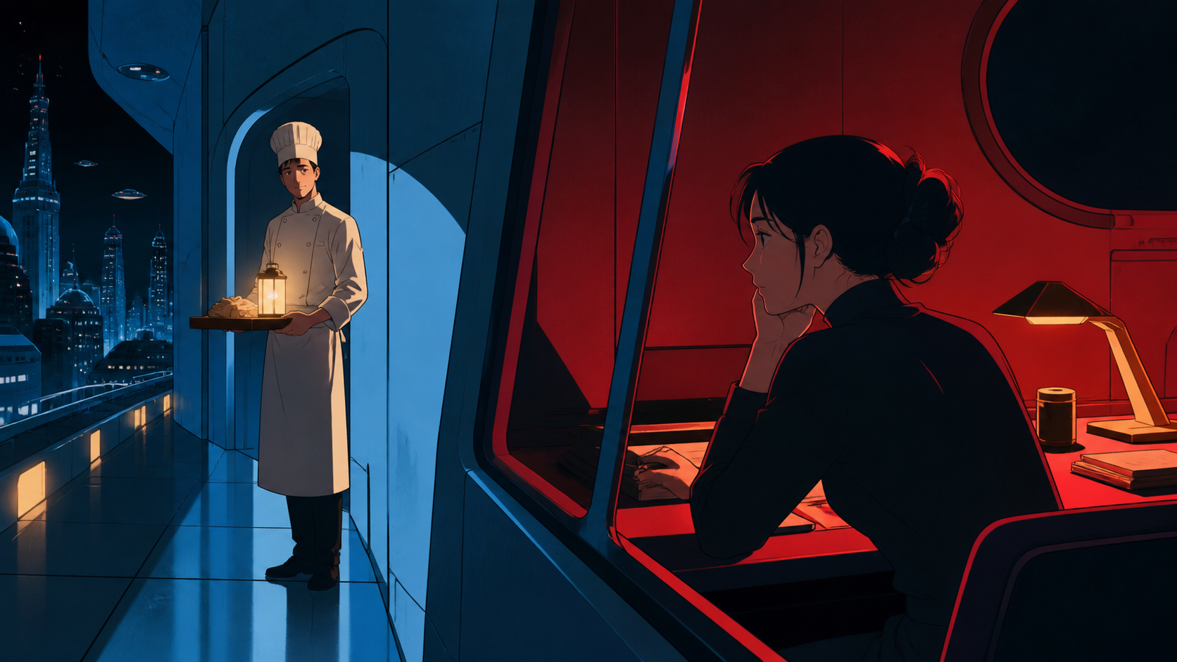 An adult chef leaving a quiet midnight meal for someone working late, in a private-feeling moment surrounded by ordinary public life. Cinematic two-person frame using architecture and negative space to express the relati