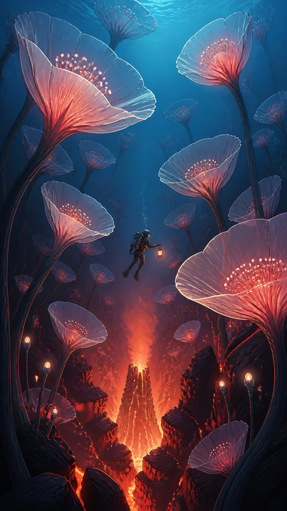 A garden of enormous translucent flowers growing around a warm volcanic vent, explored by a single tiny diver with a warm lantern. Vertical descent composition with a tiny explorer providing scale. Crimson, black cherry,