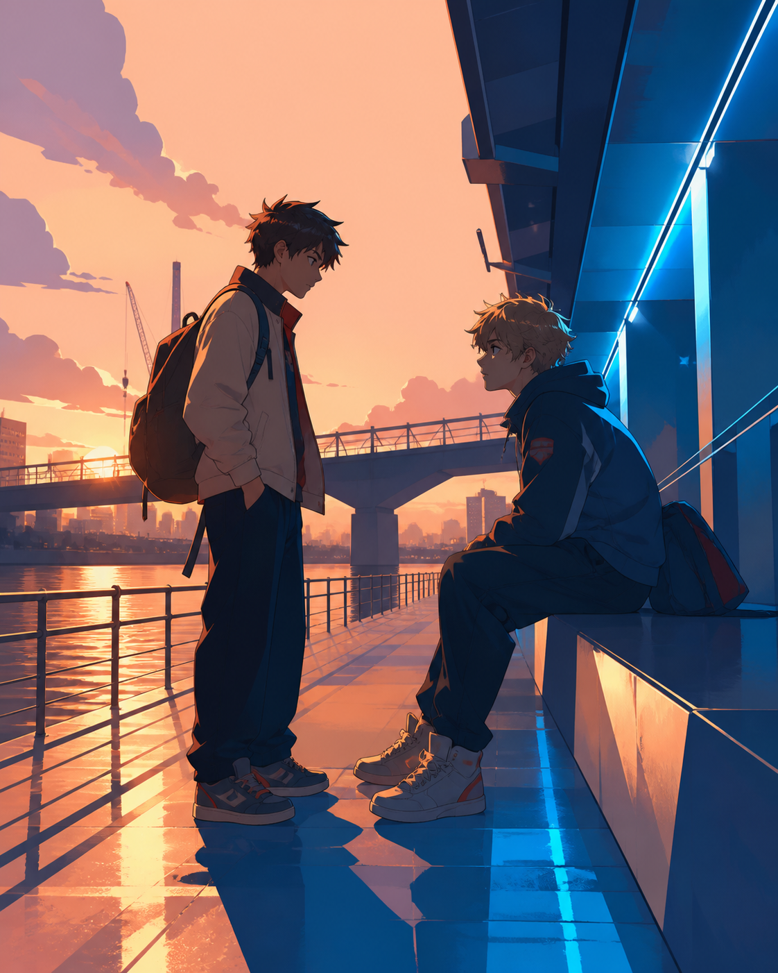 Two best friends reconciling beside a quiet riverside path, after school when ordinary surroundings feel briefly important. Observational side view that feels candid rather than posed. Sun-bleached peach, desert ochre, c