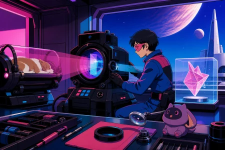 A research mechanic calibrating a machine that translates animal dreams into shapes, amid organized work rather than chaotic invention spectacle. Side-on testing composition showin