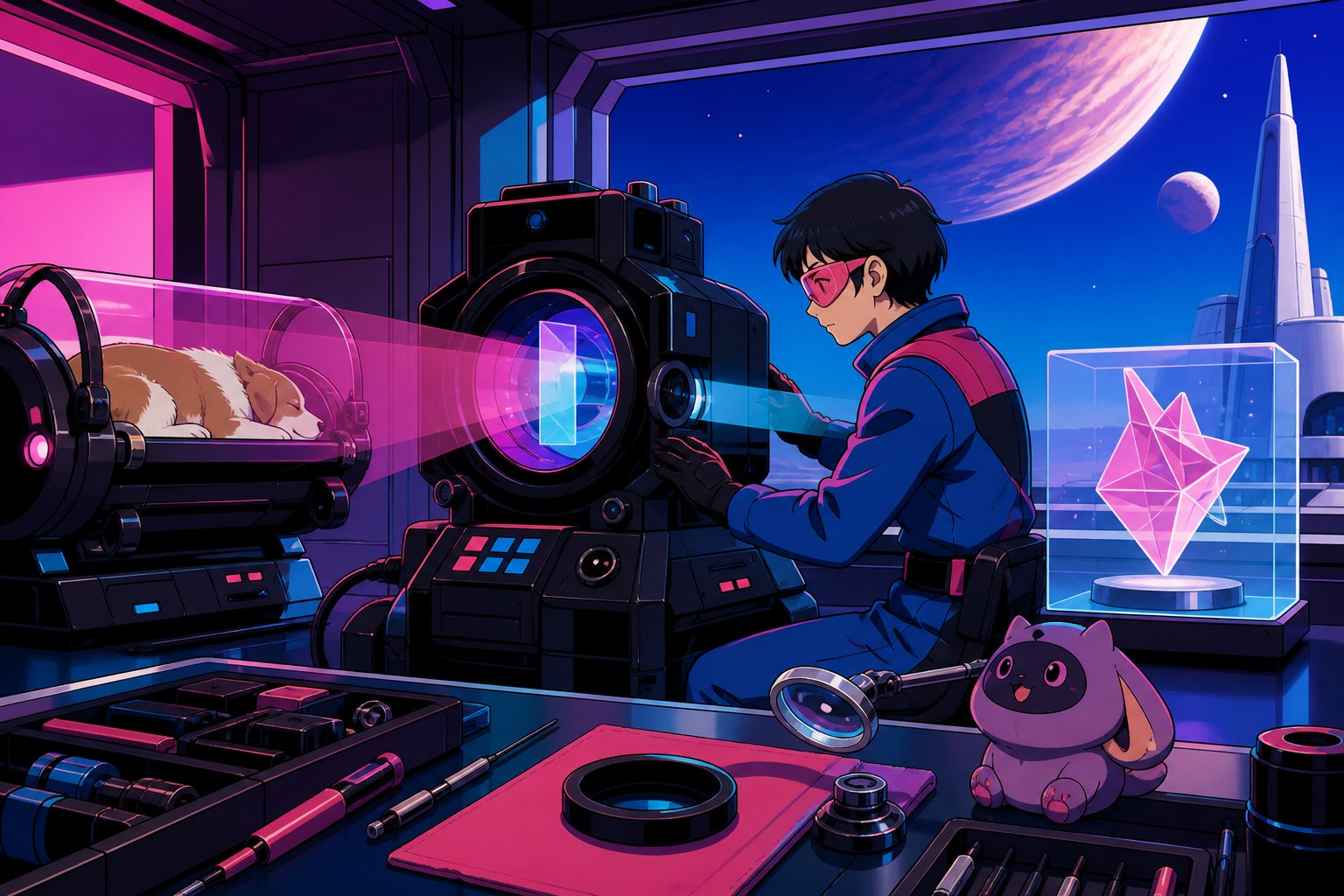 A research mechanic calibrating a machine that translates animal dreams into shapes, amid organized work rather than chaotic invention spectacle. Side-on testing composition showing input, machine, and outcome clearly. S