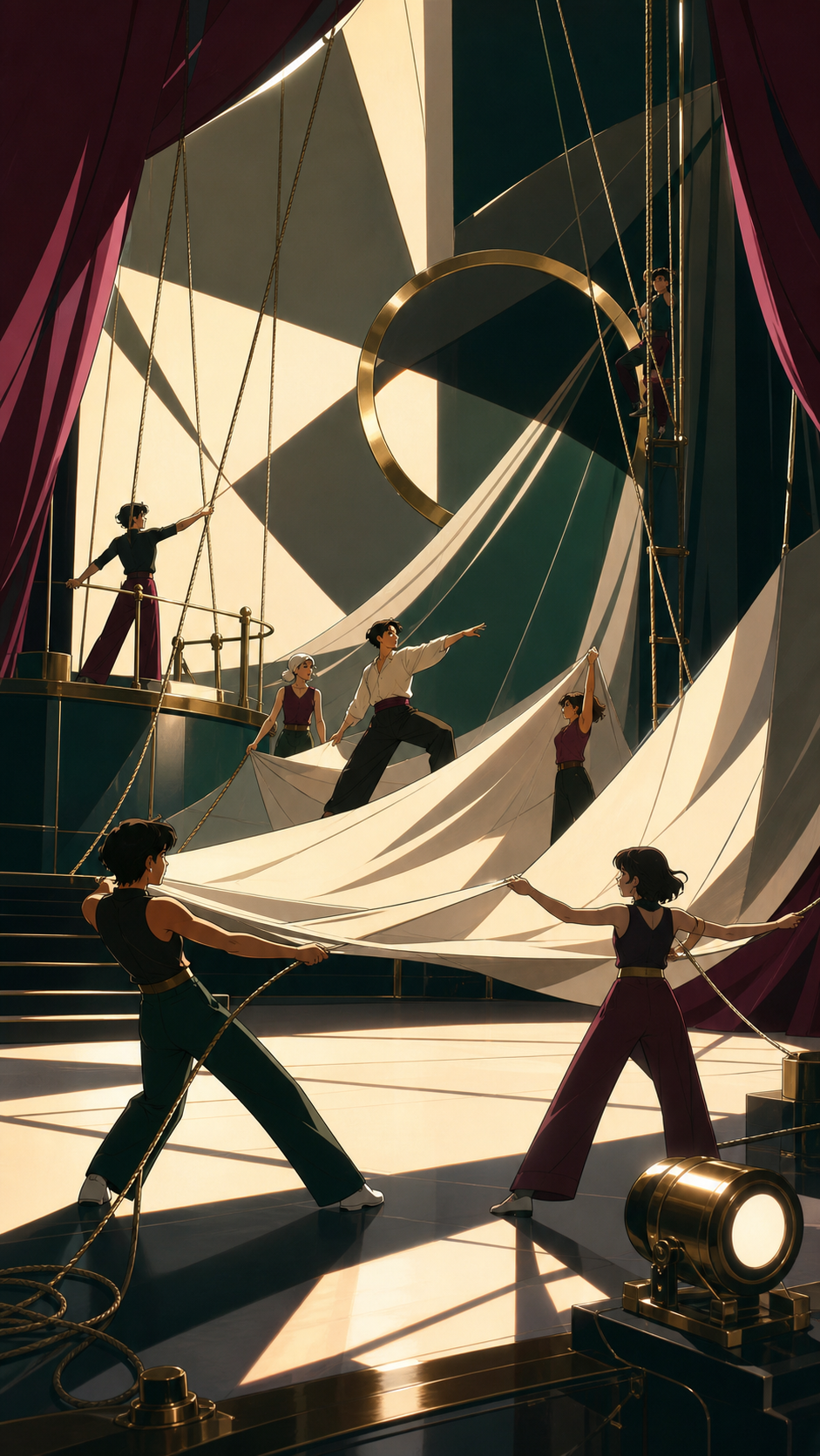 A small theater company staging an epic voyage using only fabric and practical lights, during rehearsal with visible stagecraft adding to the charm. Stage-wide composition using negative space to emphasize movement. Burg