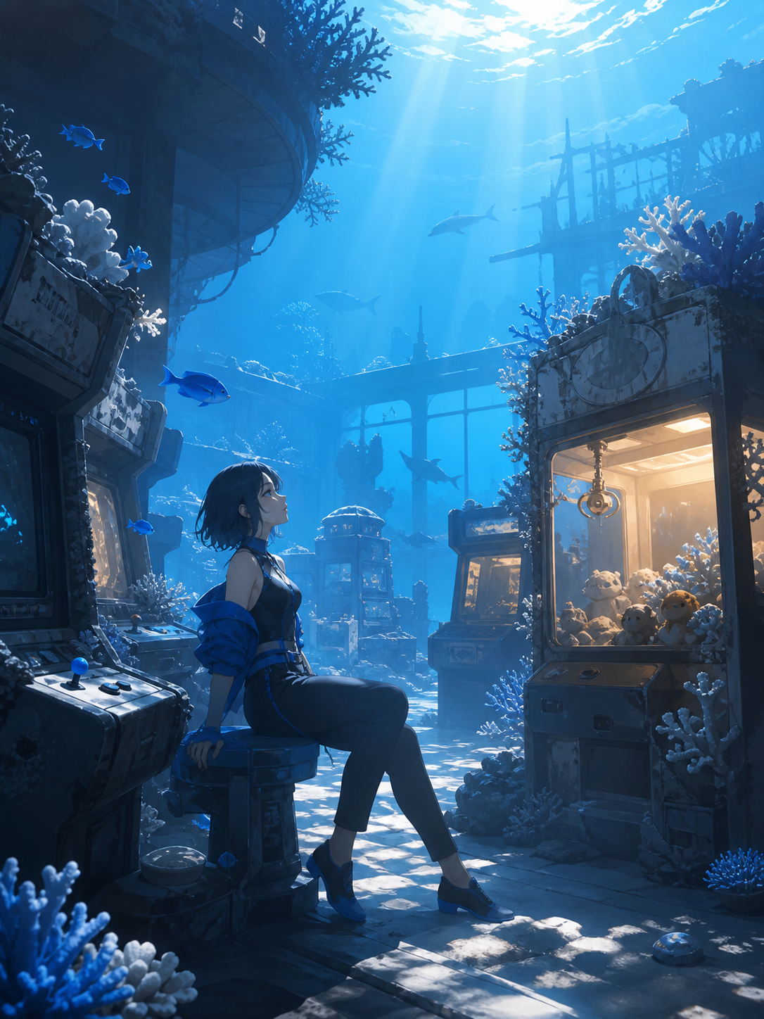 An abandoned underwater arcade slowly becoming a coral reef, during the brief hour when sunlight reaches the seafloor. Wide underwater vista with light guiding the eye through multiple depths. Soft monochrome with a sing