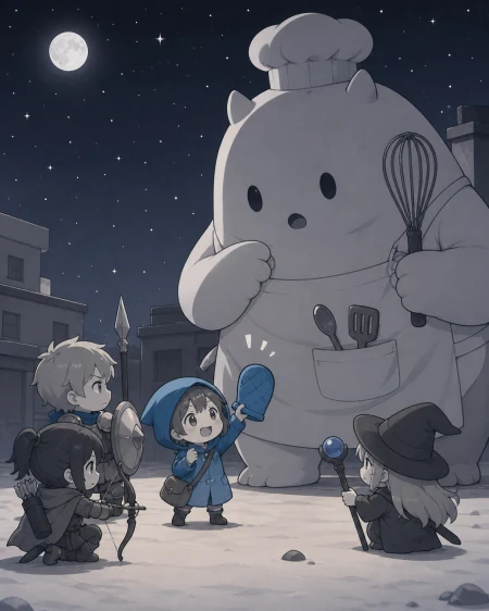 A tiny chibi rescue squad facing an enormous but harmless kitchen monster, as the least experienced member finds the decisive solution. Wide ensemble action tableau with each role 