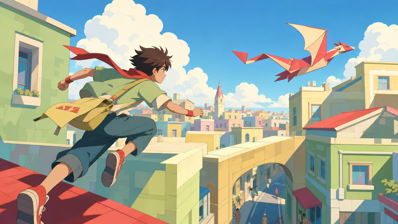 A teenage messenger pursuing a runaway paper dragon across rooftops, during bright daytime with the city functioning normally around them. Dynamic foreground pass with the next obstacle clearly framed beyond. Soft pistac