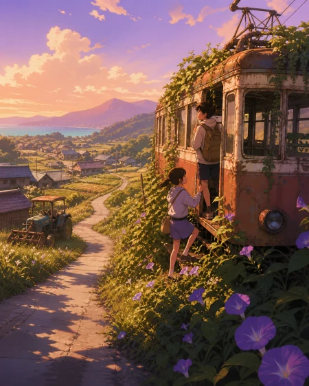 Siblings exploring an abandoned hillside tram overtaken by summer vines, on the first warm day after a long winter. Wide pastoral view with a winding road connecting foreground and