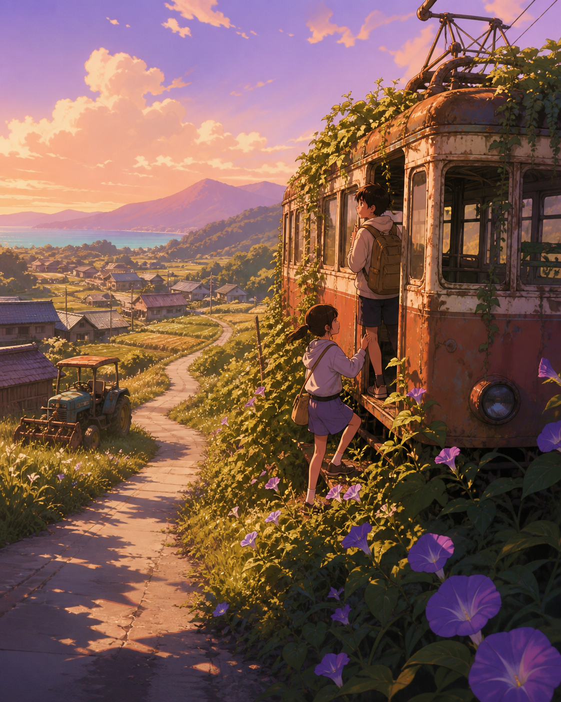 Siblings exploring an abandoned hillside tram overtaken by summer vines, on the first warm day after a long winter. Wide pastoral view with a winding road connecting foreground and village. Apricot, orchid purple, pool t
