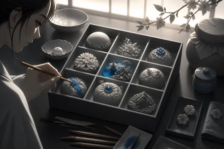 A jewel-like box of seasonal wagashi shaped as miniature fantasy landscapes, surrounded by tiny evidence of the craft used to make it. Carefully composed tabletop still life viewed