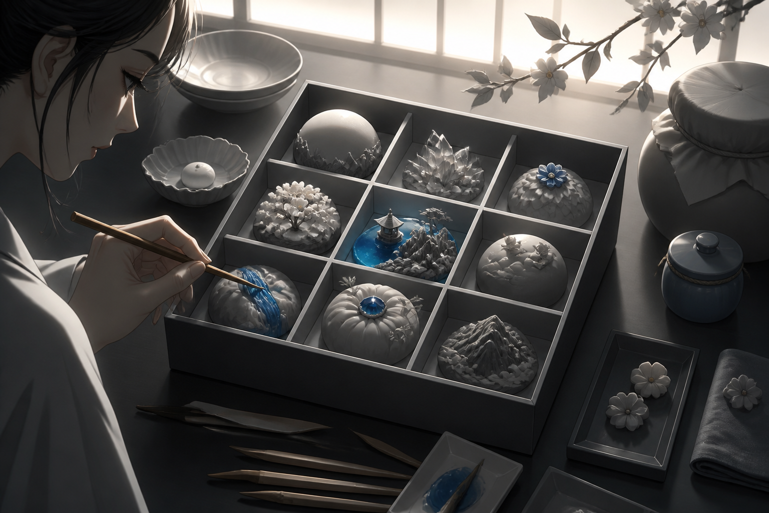 A jewel-like box of seasonal wagashi shaped as miniature fantasy landscapes, surrounded by tiny evidence of the craft used to make it. Carefully composed tabletop still life viewed slightly from above. Soft monochrome wi