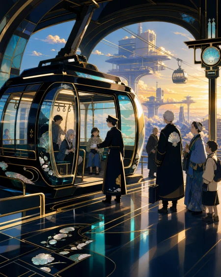 A cable-car operator guiding passengers between rooftop districts, during a brief stop that brings unrelated passengers together. Wide station frame showing vehicle, platform, and 