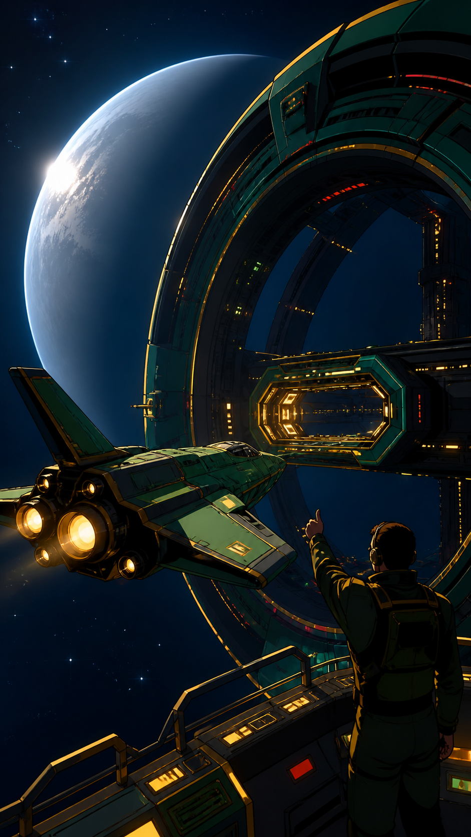 An adult salvage pilot docking with a silent ring-shaped station, with vast space balanced by practical human-scale machinery. Expansive orbital composition anchored by one clearly readable vehicle. Emerald, stained-glas