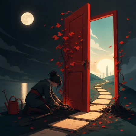 A grieving gardener planting a door that grows into a new path, with gentle surrealism and a hopeful emotional turn. Wide quiet frame with meaningful negative space. Vermillion, ch