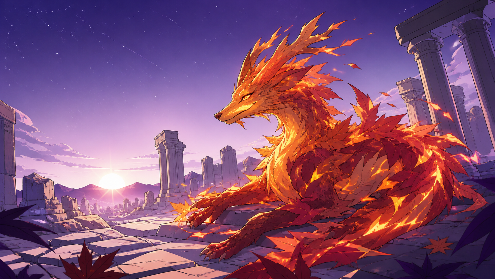 A fox-dragon made from autumn leaves and ember-like light, resting beside traces of an ancient civilization at dawn. Low-angle encounter framed by terrain and atmospheric depth. Mulberry, tea brown, tarnished silver, and