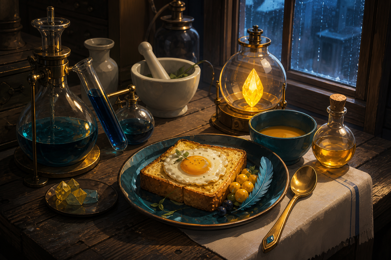 A traveling alchemist's breakfast arranged among curious glass instruments, arranged on a worn wooden counter beside a rain-streaked window. Carefully composed tabletop still life viewed slightly from above. Saffron, pea