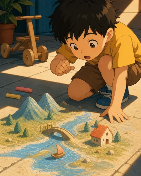 A child discovering that sidewalk chalk drawings become tiny landscapes, seen entirely through playful discovery and age-appropriate imagination. Intimate close view centered on on