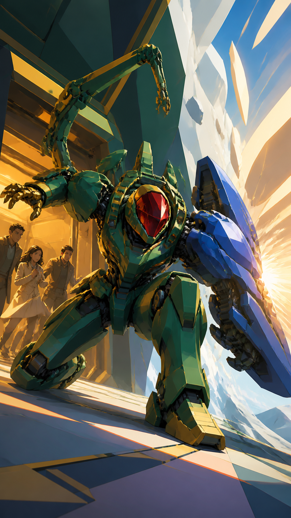 A deep-space maintenance suit unfolding into an asymmetrical combat machine, bracing against a shockwave while protecting civilians just outside frame. Dynamic low-angle action frame with a strong diagonal movement line.