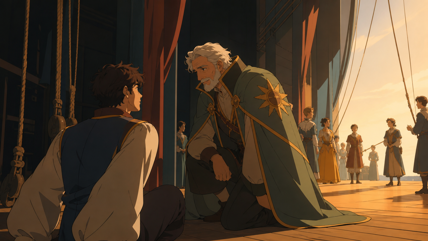 An adult stage actor meeting the older version of their character between scenes, seen from an unusual seat close enough to feel intimate. Stage-wide composition using negative space to emphasize movement. Clay red, sage