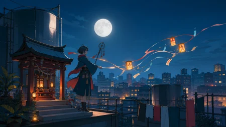 A rooftop shrine keeper redirecting misplaced city wishes, above an ordinary city where fantasy remains intimate and local. Wide rooftop ensemble against a layered city horizon. Pe