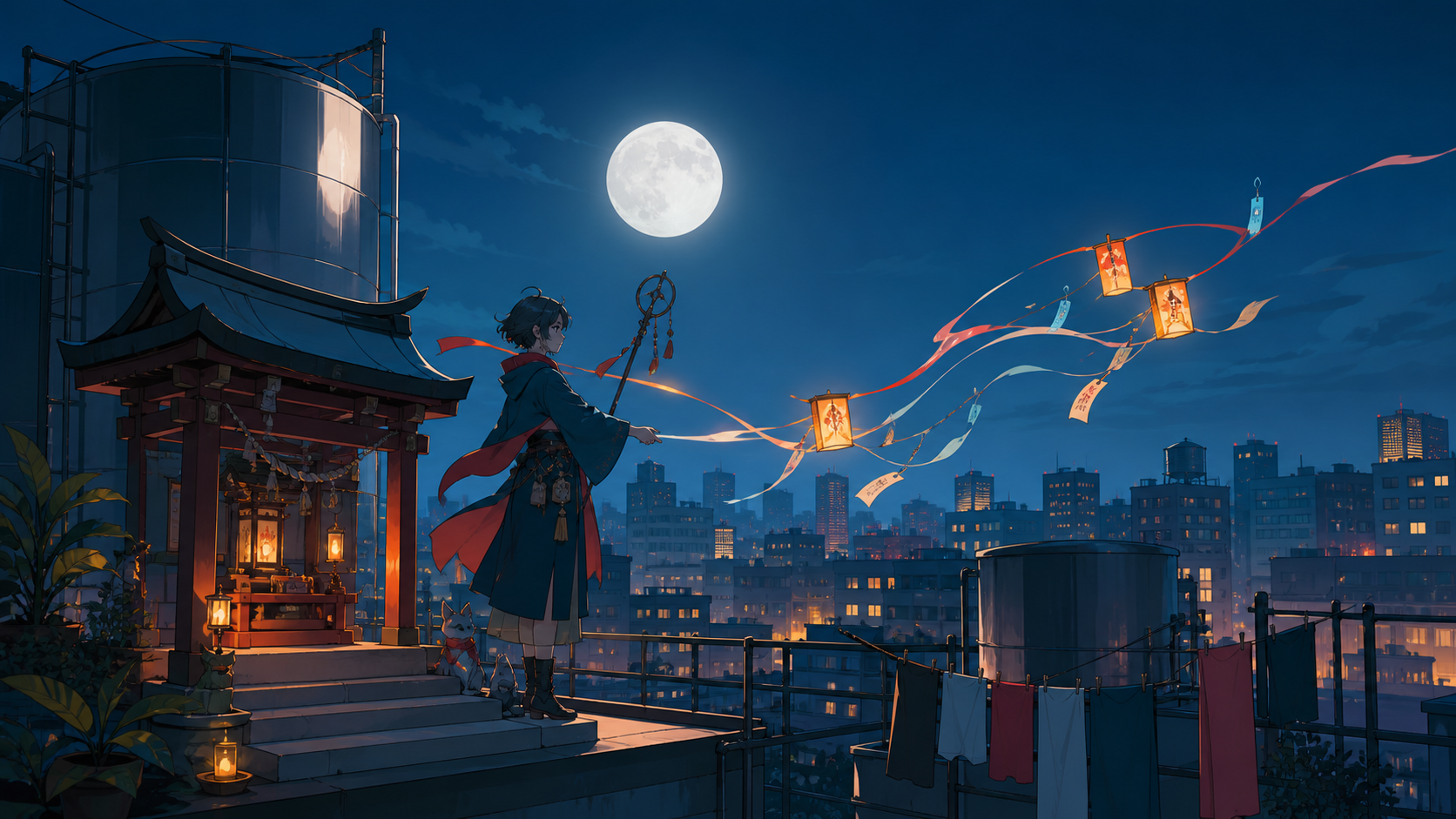 A rooftop shrine keeper redirecting misplaced city wishes, above an ordinary city where fantasy remains intimate and local. Wide rooftop ensemble against a layered city horizon. Petrol blue, oxide red, industrial gray, a