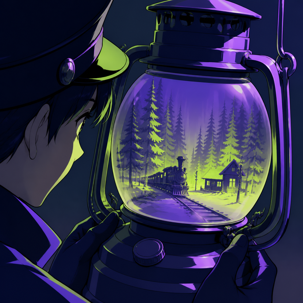 A winter forest growing inside an old train conductor's lantern, as one person discovers the object's impossible interior. Macro object view with the miniature world occupying the visual center. Acid lime, ultraviolet, m