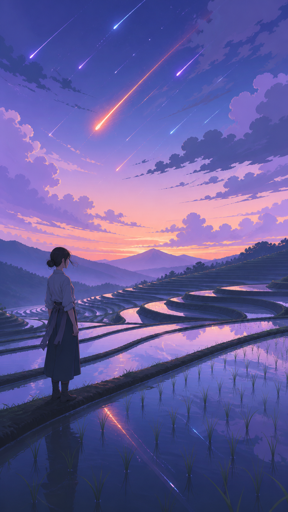 Terraced rice fields reflecting a meteor shower during planting season, at the transition between two kinds of weather. Tranquil landscape panorama with a strong foreground-to-distance rhythm. Pale lavender, icy blue, gr
