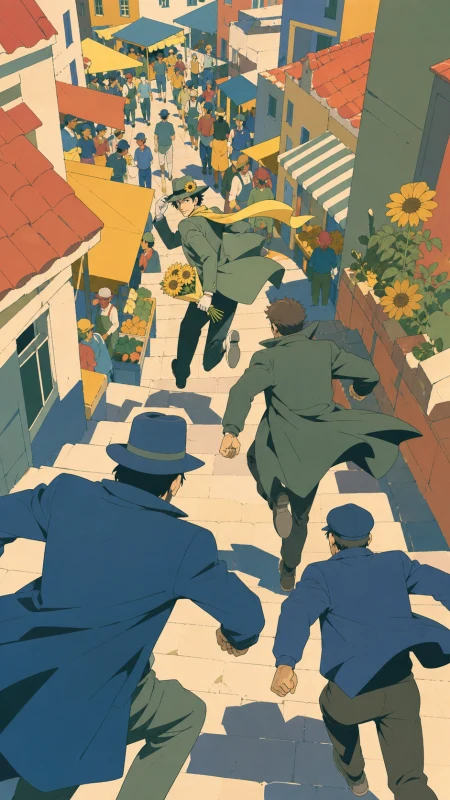 Detectives chasing a polite thief through a crowded morning market, during bright daytime with the city functioning normally around them. High-angle route view following movement t